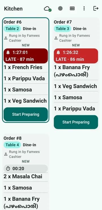 The Zerbot kitchen screen: order tickets with timers and a Start Preparing button